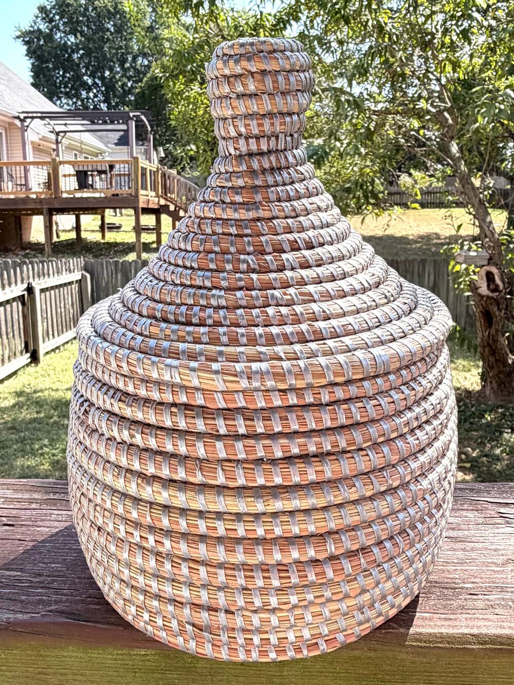 Vintage Style African Style Coiled Woven Basket w/ Lid Boho Decor Storage 10.5"